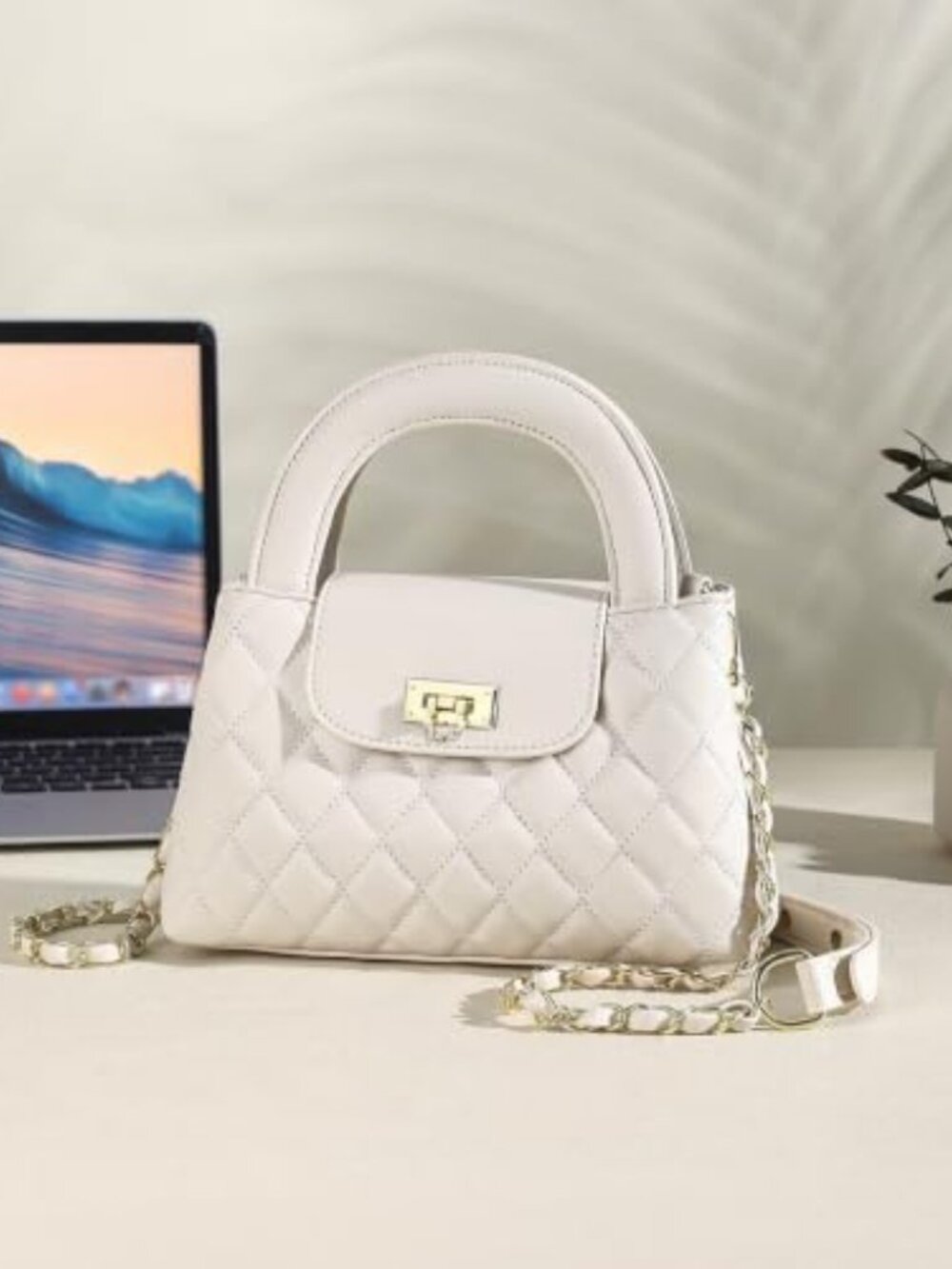 Small Quilted Crossbody Purse for Women, Faux Leather Top Handle Bag with Chain